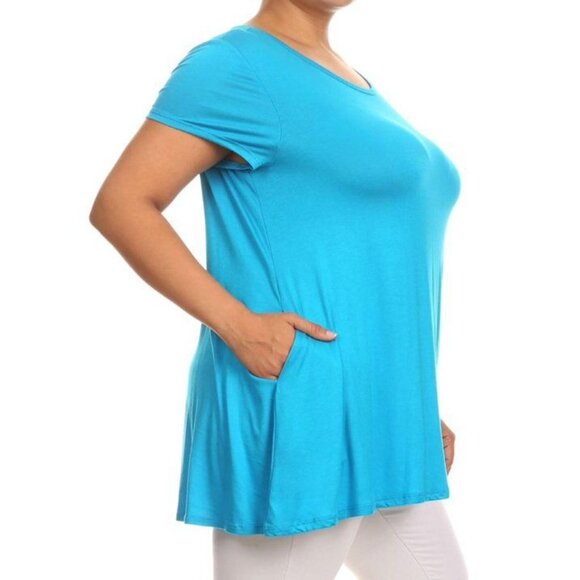 Women's Plus Size Turquoise Tunic Top With Pockets Scoop Neck Short Sleeves Stre - Picture 5 of 8